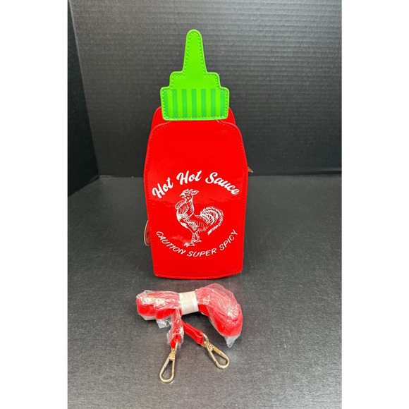 Sriracha Red Hot Sauce Rooster Crossbody Purse Zipper Strap Shiny New *READ - Picture 1 of 13